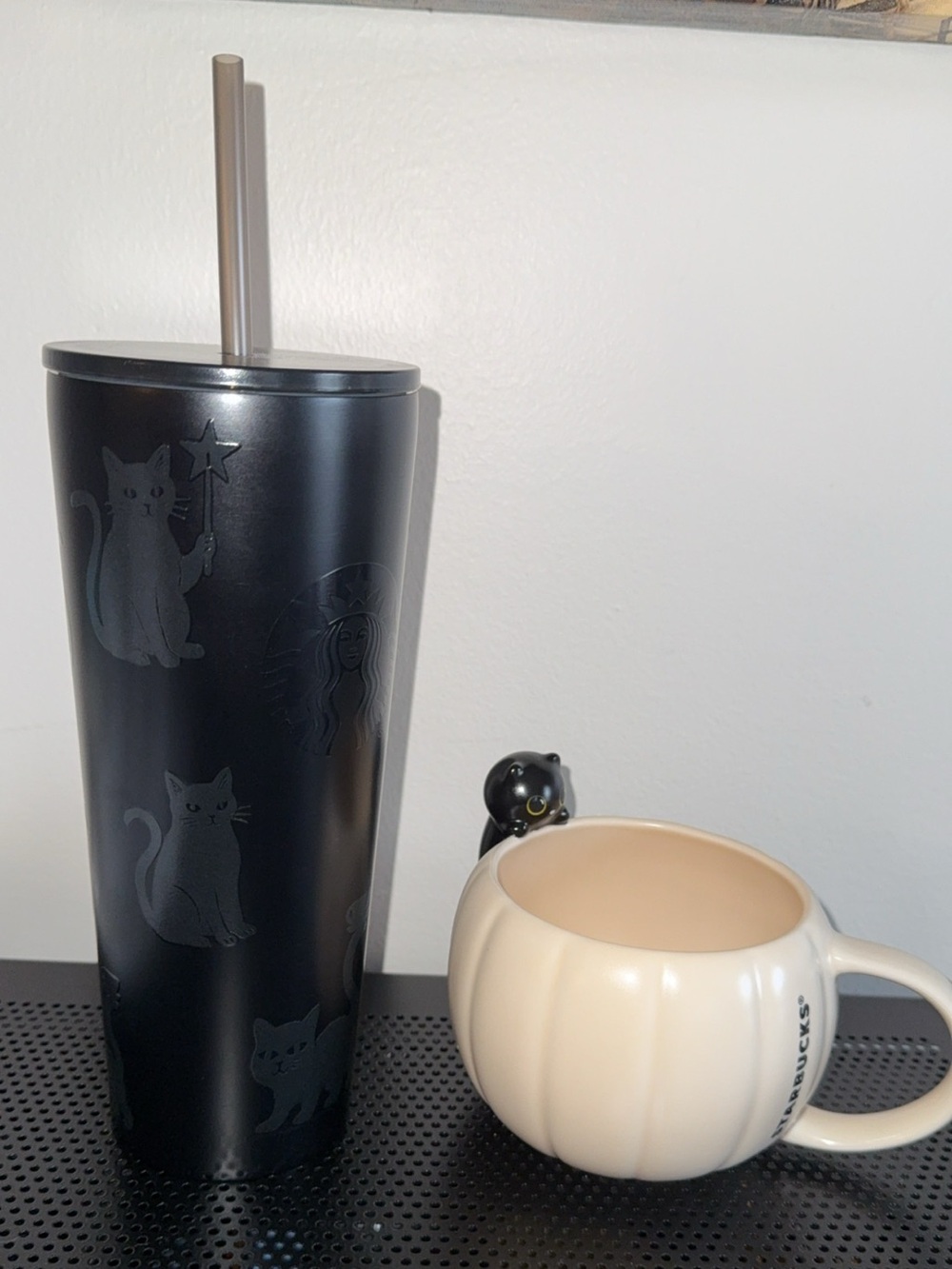 Starbucks Matte Black Cat Tumbler and Cream Pumpkin Mug Set